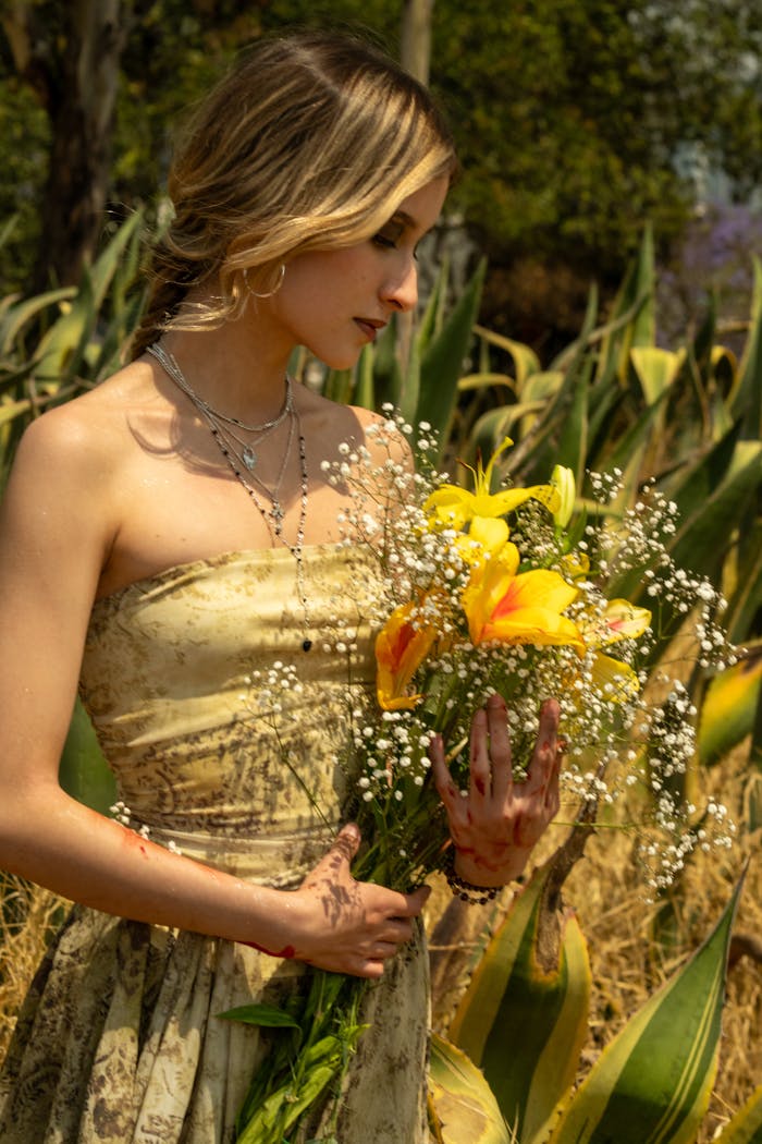 A woman in a strapless gown holding a bouquet of yellow lilies in a sunlit garden.